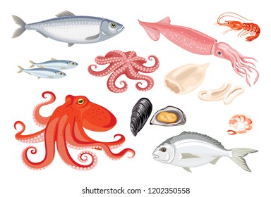 Vector seafood set in flat style isolated on white. Simple icons of squid, octopus, dorado, herring, sardine, shrimp, mussels. Template for magazine, poster, market, menu, web, banner.