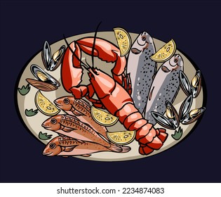 Vector Seafood set. Hand drawn sea food sketch collection - fresh fish, lobster, crab, oyster, mussel, squid and spice.