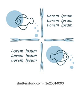 Vector seafood template. Doodle fish and seafood fork sketches. Space for your text. Vector illustration for restaurant menu design and more.