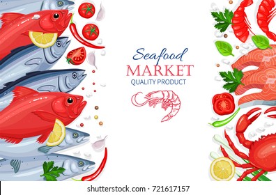 Vector seafood. Tuna, salmon, crab and shrimps with aromatic herbs. Healthy food cooking concept.