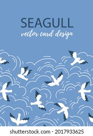 Vector seagull card design with place for your text. Cute marine bird template. Blue background with clouds and birds