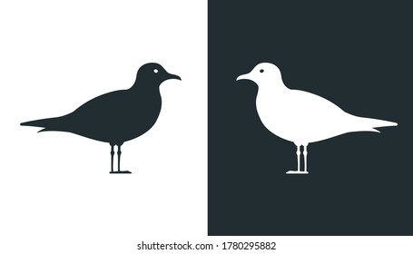 Vector seagull icon isolated on black and white. Gull seabird silhouette.