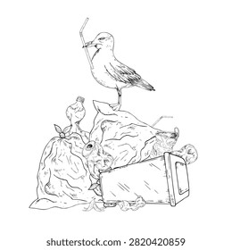 Vector seagull on mountain of garbage with a plastic tube in its beak. Hand painted linear bird illustration. Graphic monochrome sketch isolated on background. For designers, prints, logo, icon