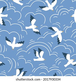 Vector seagull seamless pattern in hand-drawn style. Cute birds flying in cloudy sky. Animal kids fabric design.