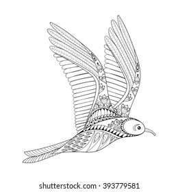 Vector Seagull. Zentangle Common Gull illustration, flying bird gull for adult anti stress coloring page. Hand drawn artistically ornamental patterned decorative animal for tattoo, boho design