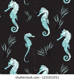 Vector seahorse animals pattern. Surface cover with cute underwater marine fish. Ocean life summer background. Doodle Art