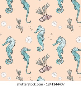 Vector seahorse animals pattern. Surface cover with cute underwater marine fish. Ocean life summer background. Doodle Art.