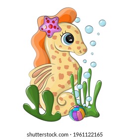 Vector seahorse in colors like a giraffe, funny animal isolated on white background. The print is made in a cartoon style and looks great. The sea animal has beautiful eyes and a sweet smile