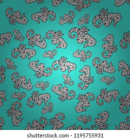 Vector. Seahorse seamless pattern background. Hippocampus vector cartoon icon set of underwater fish and silhouette isolated on blue, white and black background.