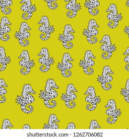 Vector. Seahorse seamless pattern background. Hippocampus vector cartoon icon set of underwater fish and silhouette isolated on yellow, black and white background.