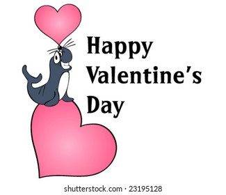 vector seal balancing on heart with valentine's day greeting