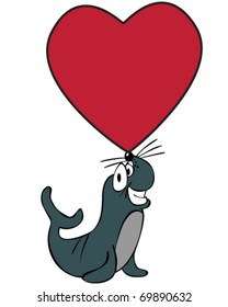 vector seal balancing red heart for valentine's day