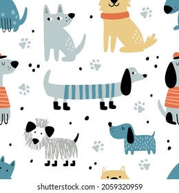 vector seamlees pattern, cute and funny dog on white background, cute textile design for kids