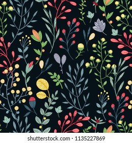 Vector seamlees pattern with leaves, swirls, flowers, berries and branches elements on black background. Bright summer colorful floral texture for textile, wrapping paper, print design, surface