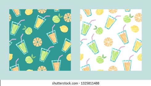 vector seamlees pattern with textured  summer drinks and fruits