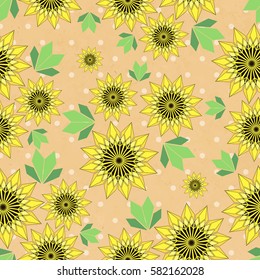Vector seamleess background with yellow sunflowers and leaves on kraft paper