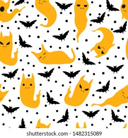 Vector seamles Halloween pattern with otange cute hand draw cats ghost and black bats silhouette with dots on white background for textile, wrapping or wallpapper