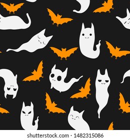 Vector seamles Halloween pattern with white cute hand draw cats ghost and orange bats silhouette on dark grey background for textile, wrapping or wallpapper