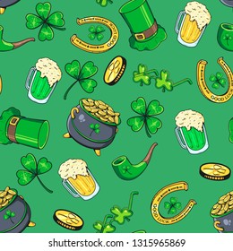 Vector Seamles Pattern in green color. Happy St. Patrick's day. 
Lucky Shamrock, Beer, pot of gold, pipe, glasses, and horseshoe. Holiday background