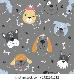 vector seamles pattern in scandinavian style, adorable dog faces repeat, dark grey background