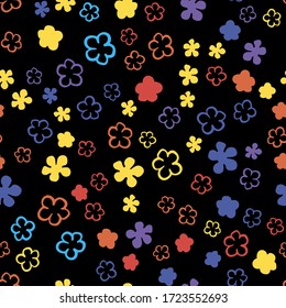 Vector seamles pattern small orange, yellow blue flowers on a black background 