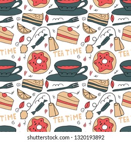 Vector seamles pattern with sweets, cakes and tea. Tea time concept