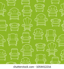 Vector seamles pattern with white line armchairs on a green background. Cute interior. Cosy cartoon furniture. Bright seats for having rest