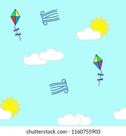 Vector seamles pattern with wind, sun, clouds and kites.