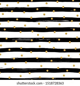 Vector seamles striped pattern with golden confetti. Hand drawn grunge striped background with gold glittering dots.