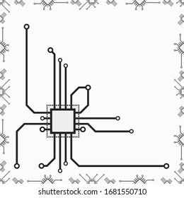 Vector seamless 2d circuit board pattern of CPU elements. Illustration of CPU computer, pc, laptop, tablet and smartphone vector chip parts for web and print design.