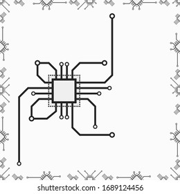Vector seamless 2d circuit board pattern of CPU elements. Illustration of CPU computer, pc, laptop, tablet and smartphone vector chip parts for web and print design.