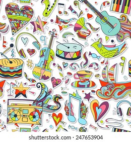 Vector seamless 3d pattern, cute background. Draw, doodles. Notes, love, musical instruments, music, life. Illustration can be used for wrappers, websites, banners, flyers, fabrics, surface texture.