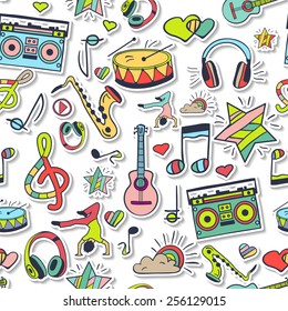 Vector seamless 3d pattern, cute background. Hand draw, doodles. Notes, love, musical instruments, music, life. Illustration can be used for wrappers, websites, banners, fabrics, surface texture.