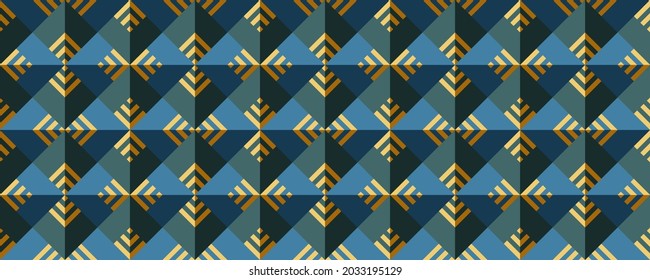 Vector seamless 3D pattern. Optical illusions. Op Art. Template for fabric or wrapping. Modern textile. Geometric ornament. Luxury backdrop. Stylish background. Wallpapers. Tiles. Green, blue, yellow	