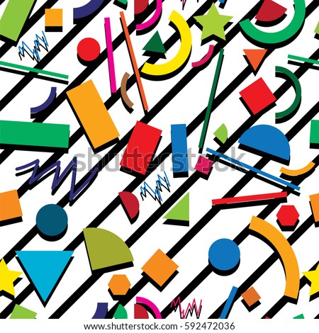 vector seamless 80s or 90s colorful background pattern, hipster style with chaotic geometric shapes, retro design with black stripes on white background