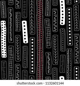 Vector seamless aboriginal pattern including ethnic Australian motive with white typical elements on black background