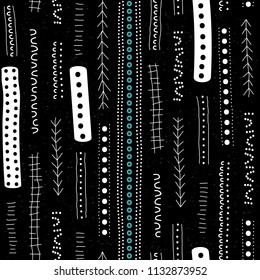 Vector seamless aboriginal pattern including ethnic Australian motive with white typical elements on black worn out texture