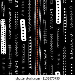 Vector seamless aboriginal pattern including ethnic Australian motive with white typical elements on black background