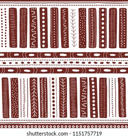 Vector seamless aboriginal pattern including ethnic Australian motive with brown typical elements of dots, lines, arrows and trapezes on white worn out texture