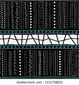 Vector seamless aboriginal pattern including ethnic Australian motive with white and blue typical elements of dots, lines, arrows and trapezes on black background