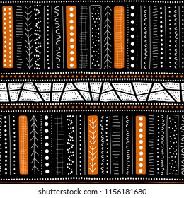 Vector seamless aboriginal pattern including ethnic Australian motive with white and orange typical elements of dots, lines, arrows and trapezes on black background