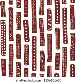 Vector seamless aboriginal pattern including ethnic Australian motive with brown typical elements of dots, lines, arrows and trapezes on white worn out texture