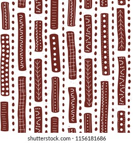 Vector seamless aboriginal pattern including ethnic Australian motive with brown typical elements of dots, lines, arrows and trapezes on white worn out texture