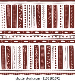 Vector seamless aboriginal pattern including ethnic Australian motive with brown typical elements of dots, lines, lattice and arrows on white background