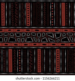 Vector seamless aboriginal pattern including ethnic Australian motive with white and brown typical elements of dots, lines, arrows and trapezes on black background