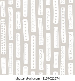 Vector seamless aboriginal pattern including ethnic Australian motive with white typical elements of dots, lines, lattice and arrows on light brown background