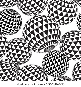 Vector seamless abstract 3d effect background. Spheres black and white triangles. 