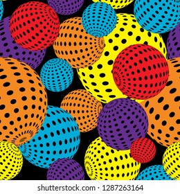 Vector seamless abstract 3d effect background. Bright dotted spheres on black background.