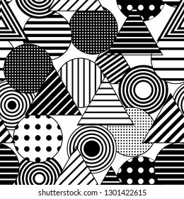 Vector seamless abstract background. Dotted and striped circles and triangles.