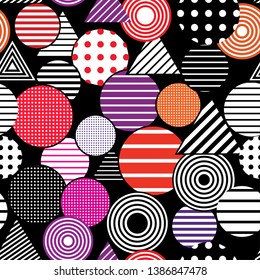 Vector seamless abstract background. Dotted and striped circles and triangles.